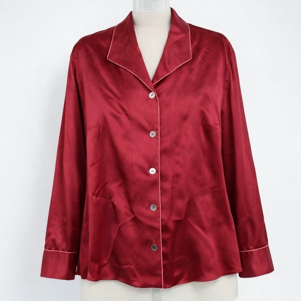 Red Envelope 100% Silk Button Pajama Top Size M Red Long Sleeve Luxury Sleepwear